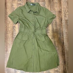 Olive Green Safari-Style Button-Up Dress